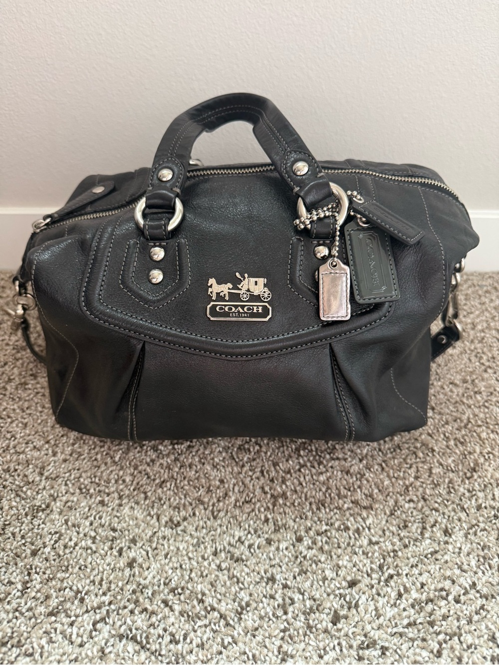 Coach Black Leather Bowling Bag with Silver Hardware